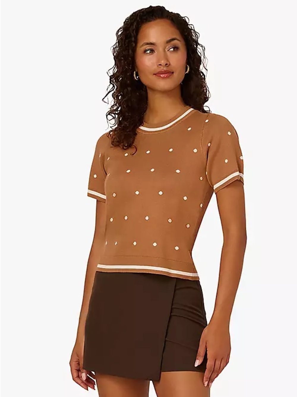 Adrianna Papell Camel Polka Dot Short Sleeve Knit Top